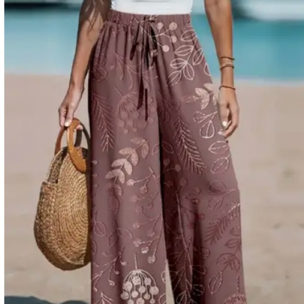 Wide Leg Floral Print Pants - Brown